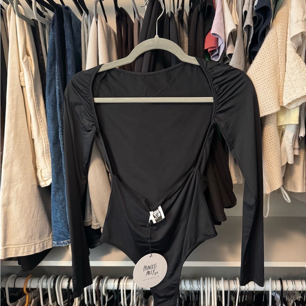 Black Satin Open Back Long Sleeve Bodysuit